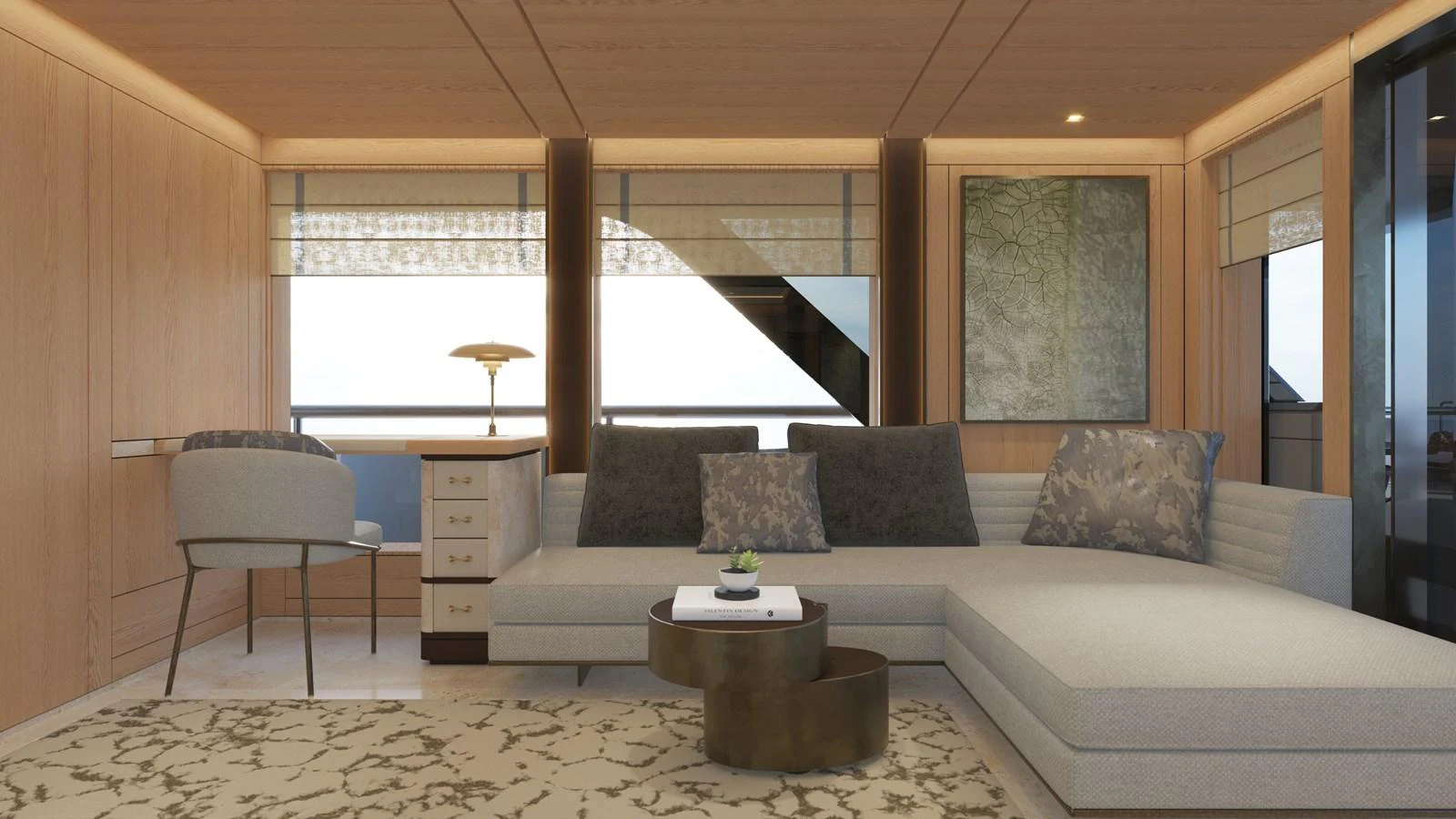 a living room with a couch and a coffee table aboard BERING 165 EXPLORER YACHT Yacht for Sale