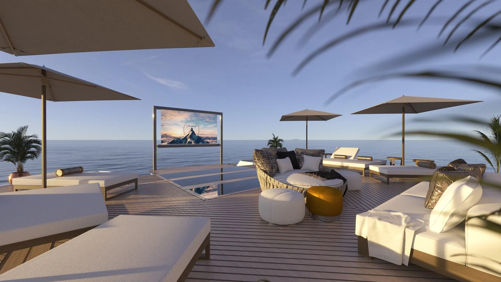 a lounge area with lounge chairs and umbrellas aboard BERING 165 EXPLORER YACHT Yacht for Sale