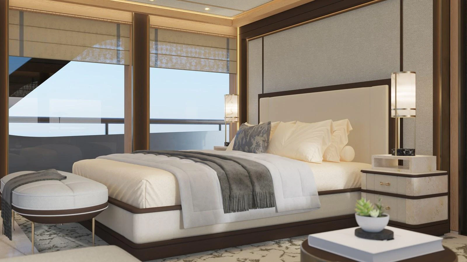 a bed with a white bed aboard BERING 165 EXPLORER YACHT Yacht for Sale