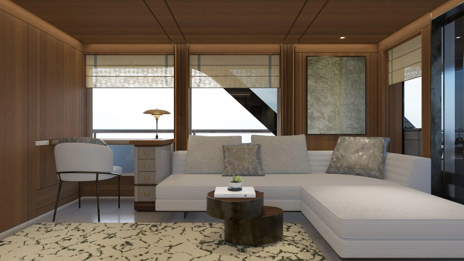 a living room with a couch and a table aboard BERING 165 EXPLORER YACHT Yacht for Sale
