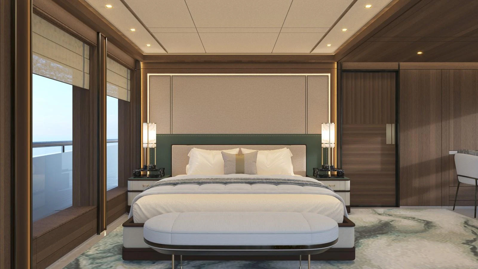a large bed in a hotel room aboard BERING 165 EXPLORER YACHT Yacht for Sale