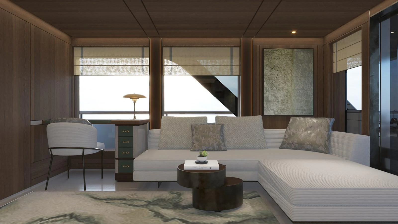 a living room with a couch and a table aboard BERING 165 EXPLORER YACHT Yacht for Sale