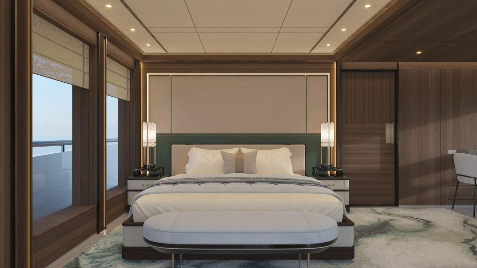 a large bed in a hotel room aboard BERING 165 EXPLORER YACHT Yacht for Sale
