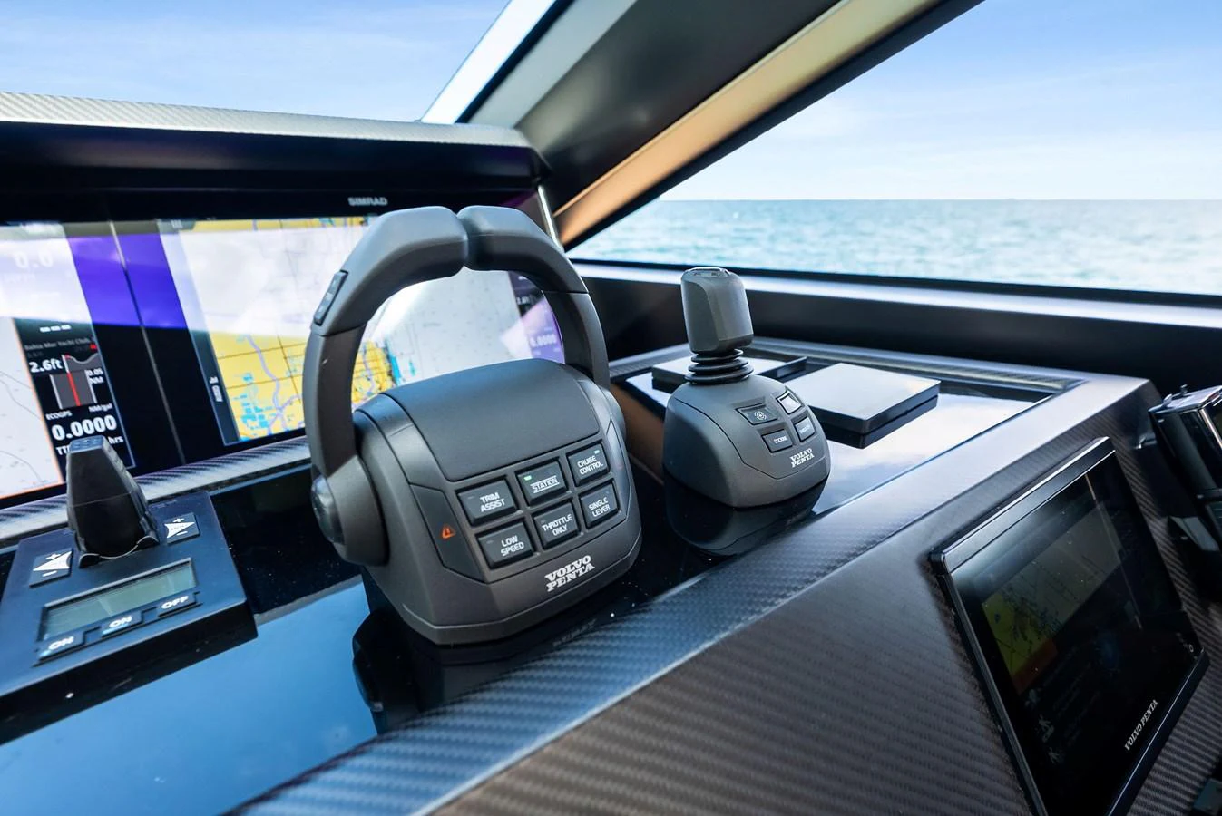 The helm features advanced navigation and control systems with a sleek, modern design. aboard ANOTHER WORLD Yacht for Sale