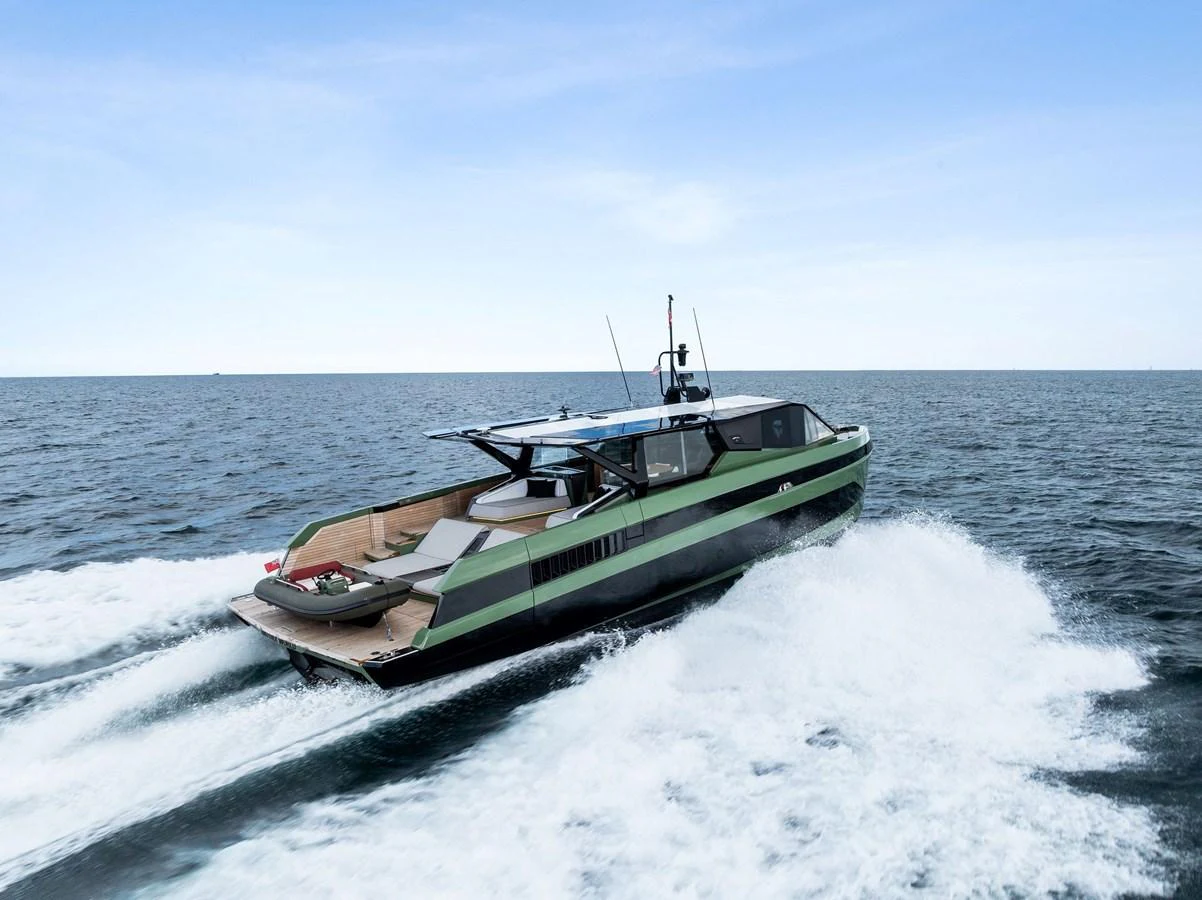 A sleek, modern yacht cruises swiftly through the open sea, showcasing its stylish design and powerful performance. aboard ANOTHER WORLD Yacht for Sale