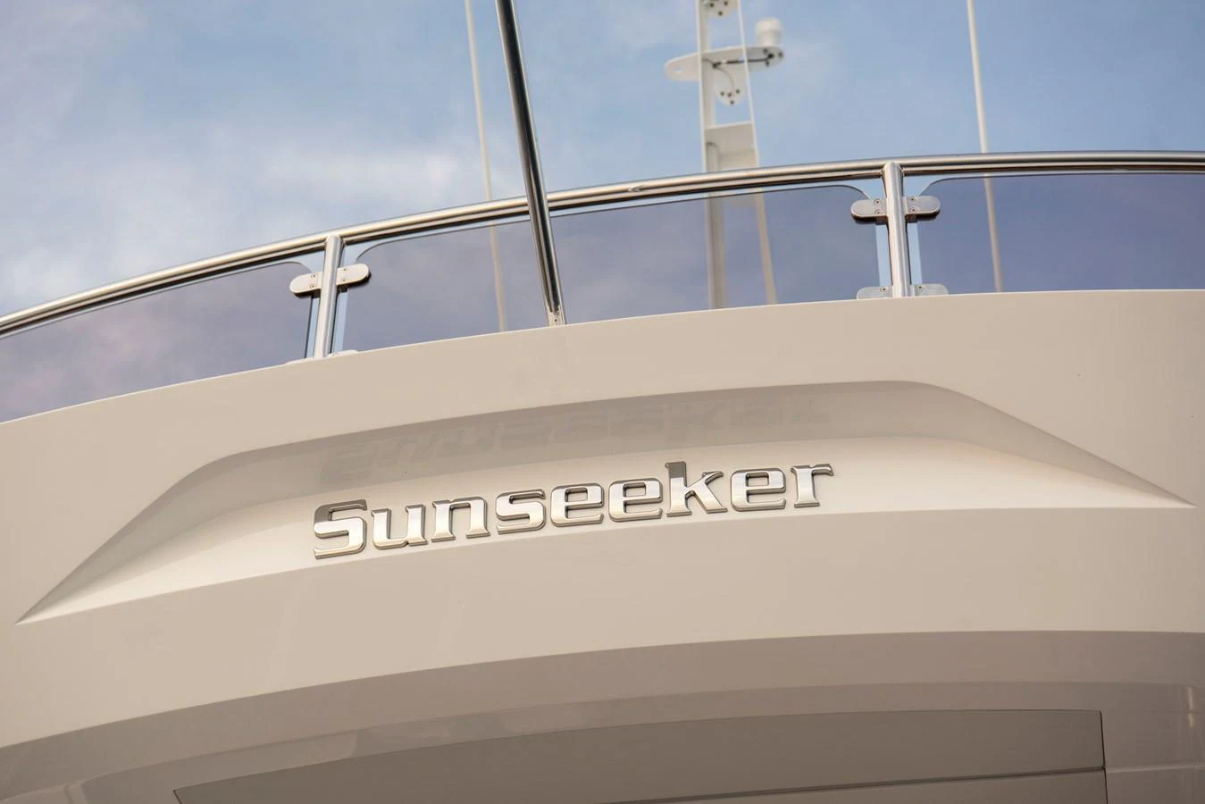 A close-up view of the yacht's brand name displayed on the exterior. aboard GAIA Yacht for Sale