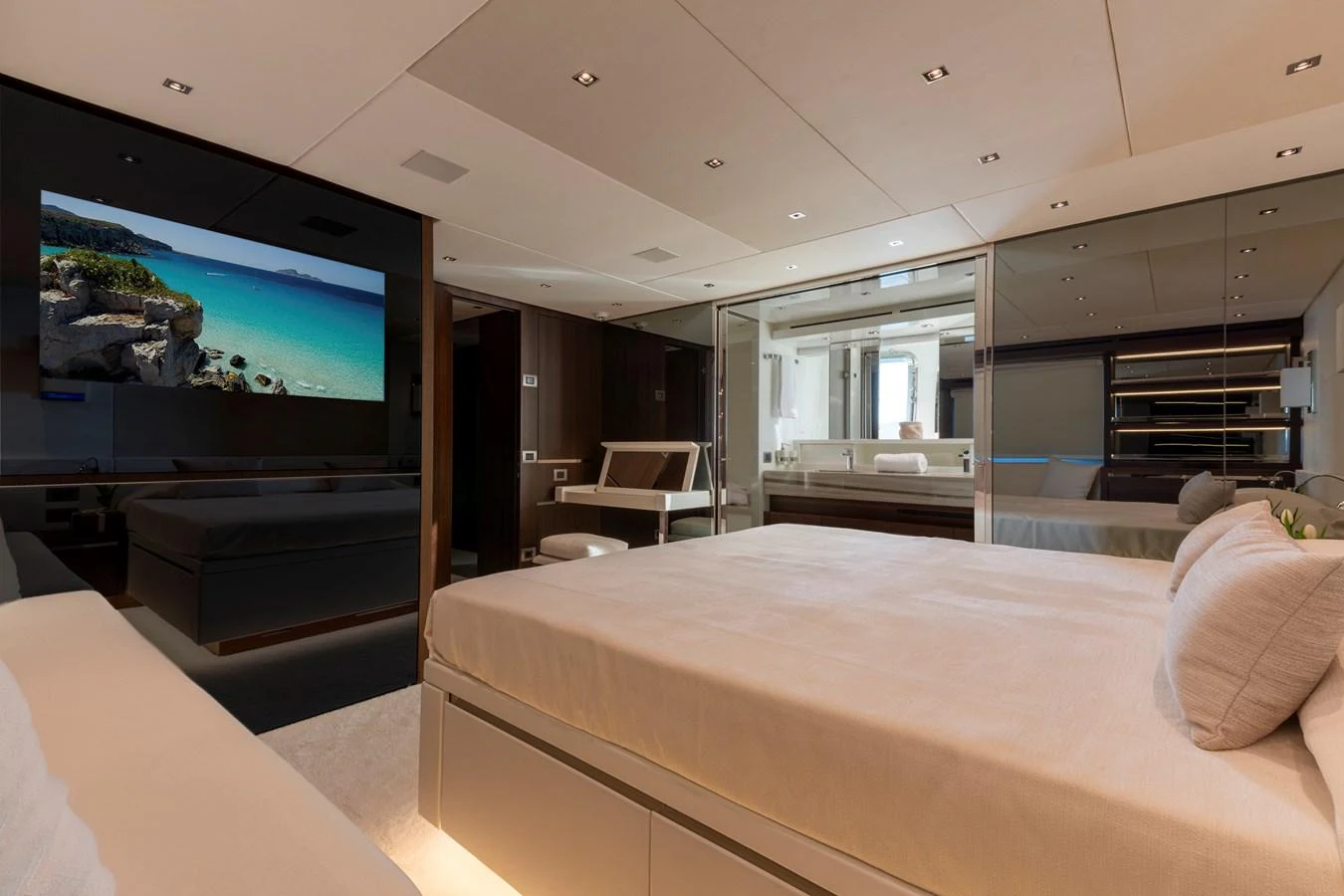 The master stateroom offers a luxurious and spacious retreat with modern amenities and elegant decor. aboard QUEEN MARTINA Yacht for Sale