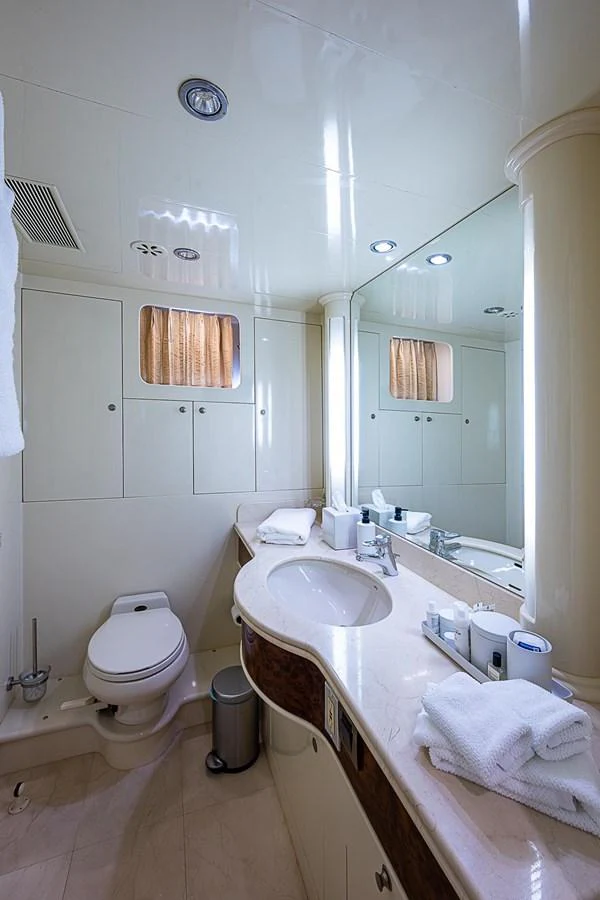 a bathroom with a sink toilet and a mirror aboard THE USUAL Yacht for Sale