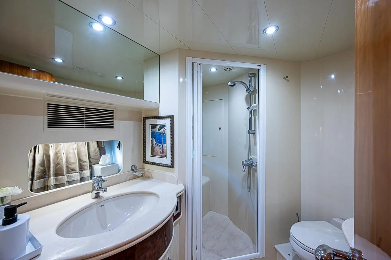 a bathroom with a shower and sink aboard THE USUAL Yacht for Sale