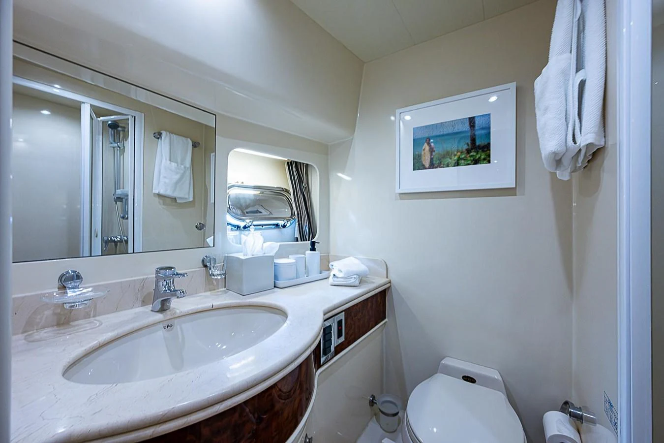 a bathroom with a sink and a mirror aboard THE USUAL Yacht for Sale