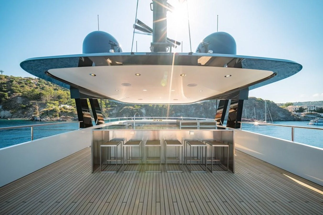 a large boat with a canopy aboard COCOON Yacht for Sale