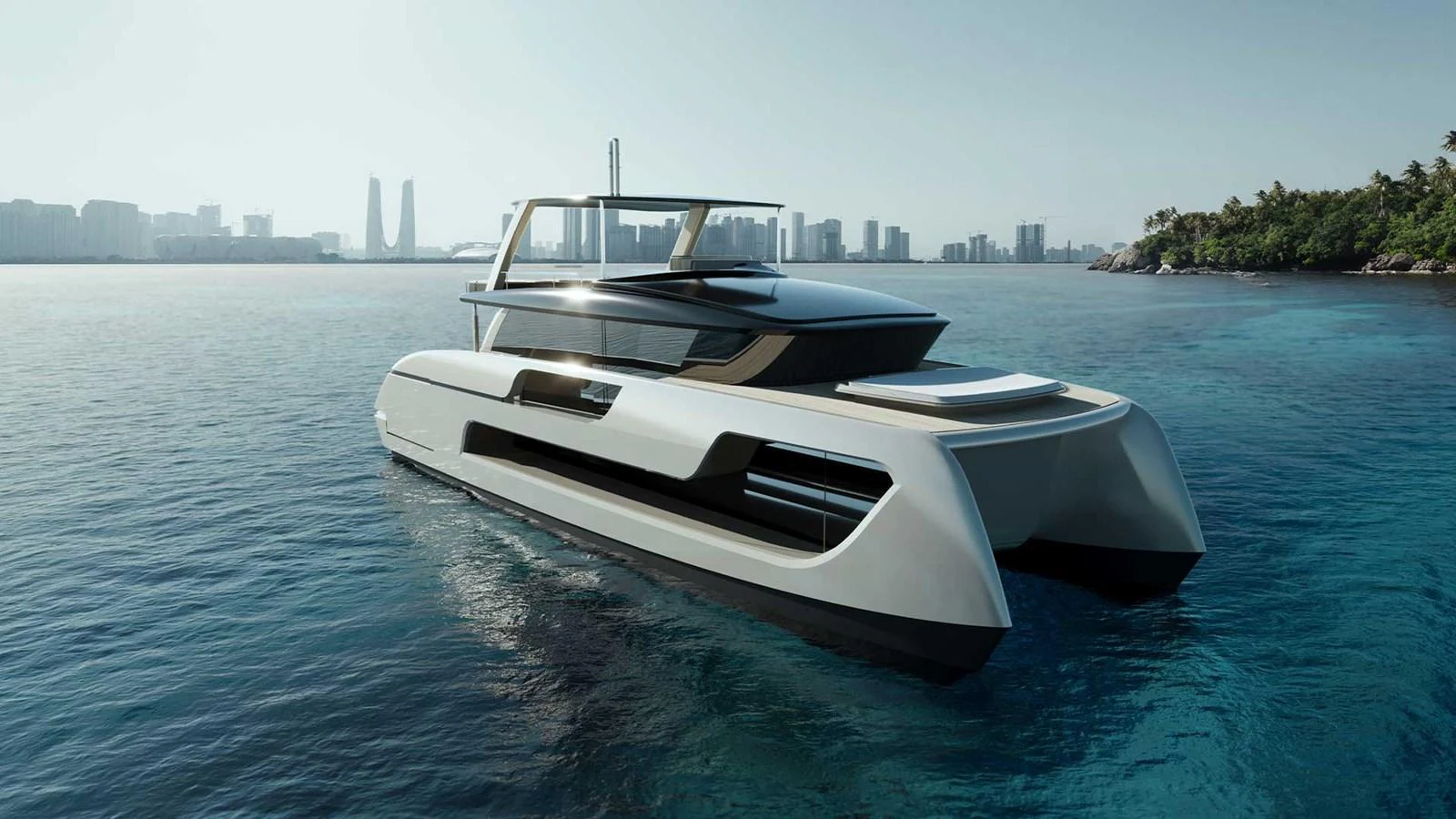 A sleek and modern yacht cruising in calm waters with a city skyline in the background. aboard ULTIMA 66 Yacht for Sale