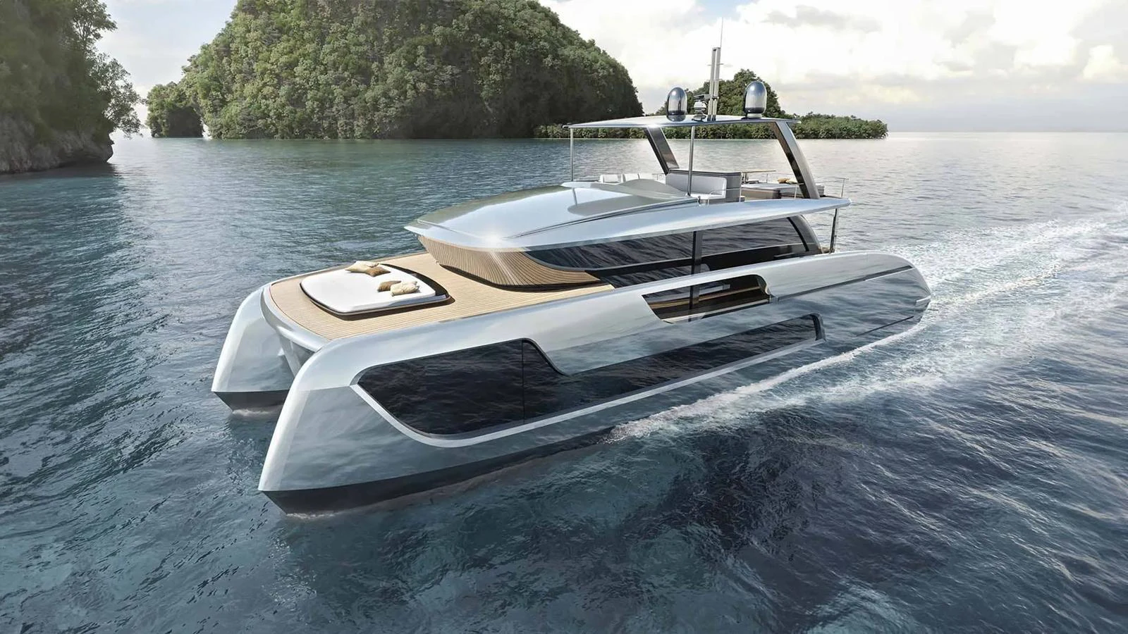 A sleek, modern yacht cruises through tranquil waters surrounded by lush islands. aboard ULTIMA 66 Yacht for Sale