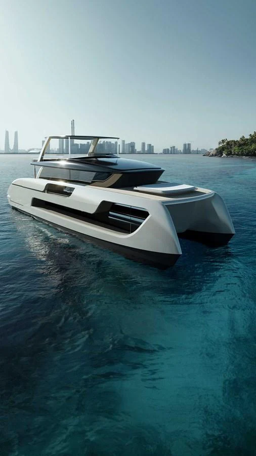 A sleek, modern yacht cruising on calm waters near a cityscape. aboard ULTIMA 66 Yacht for Sale