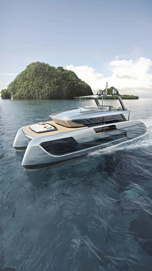 A sleek and modern catamaran glides through tranquil waters with a lush island in the background. aboard ULTIMA 66 Yacht for Sale