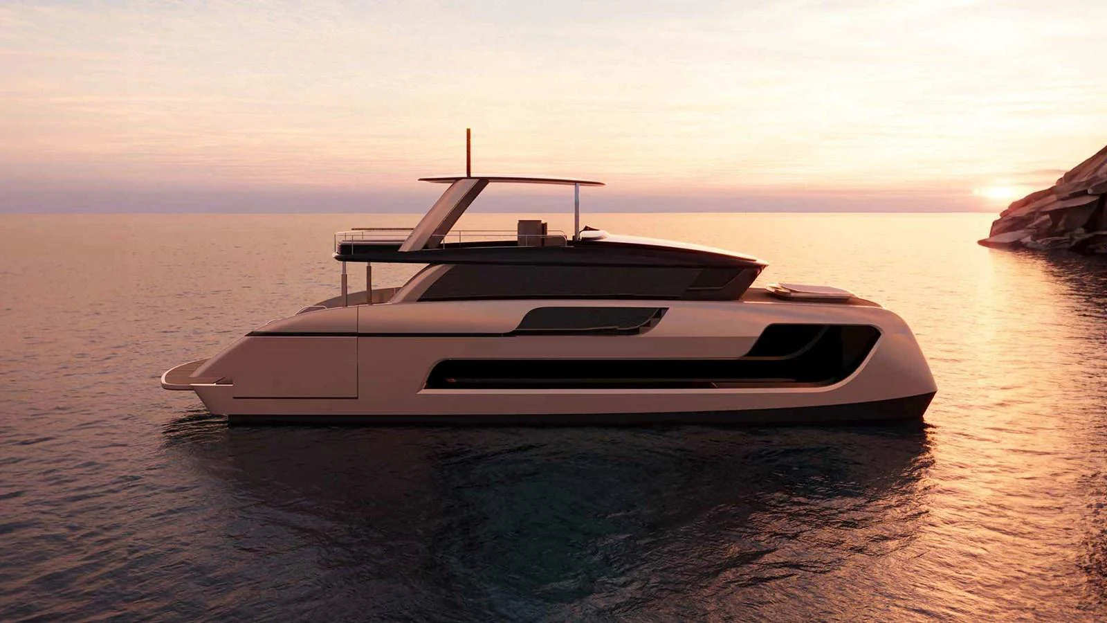 A sleek yacht is gracefully anchored on calm waters during sunset. aboard ULTIMA 66 Yacht for Sale