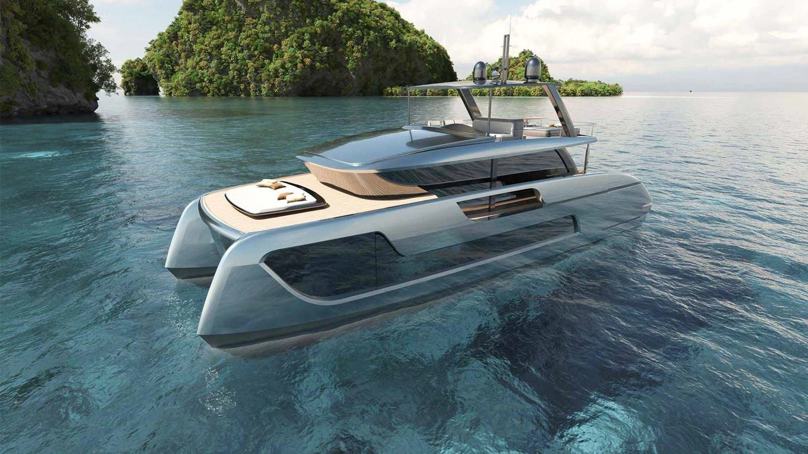 A sleek, modern yacht glides through clear blue waters near lush, green islands. aboard ULTIMA 66 Yacht for Sale