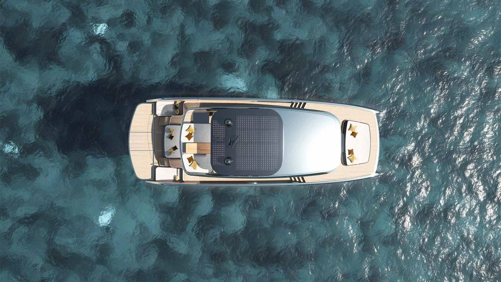 A sleek yacht is captured from above, showcasing its modern design and spacious deck areas. aboard ULTIMA 66 Yacht for Sale