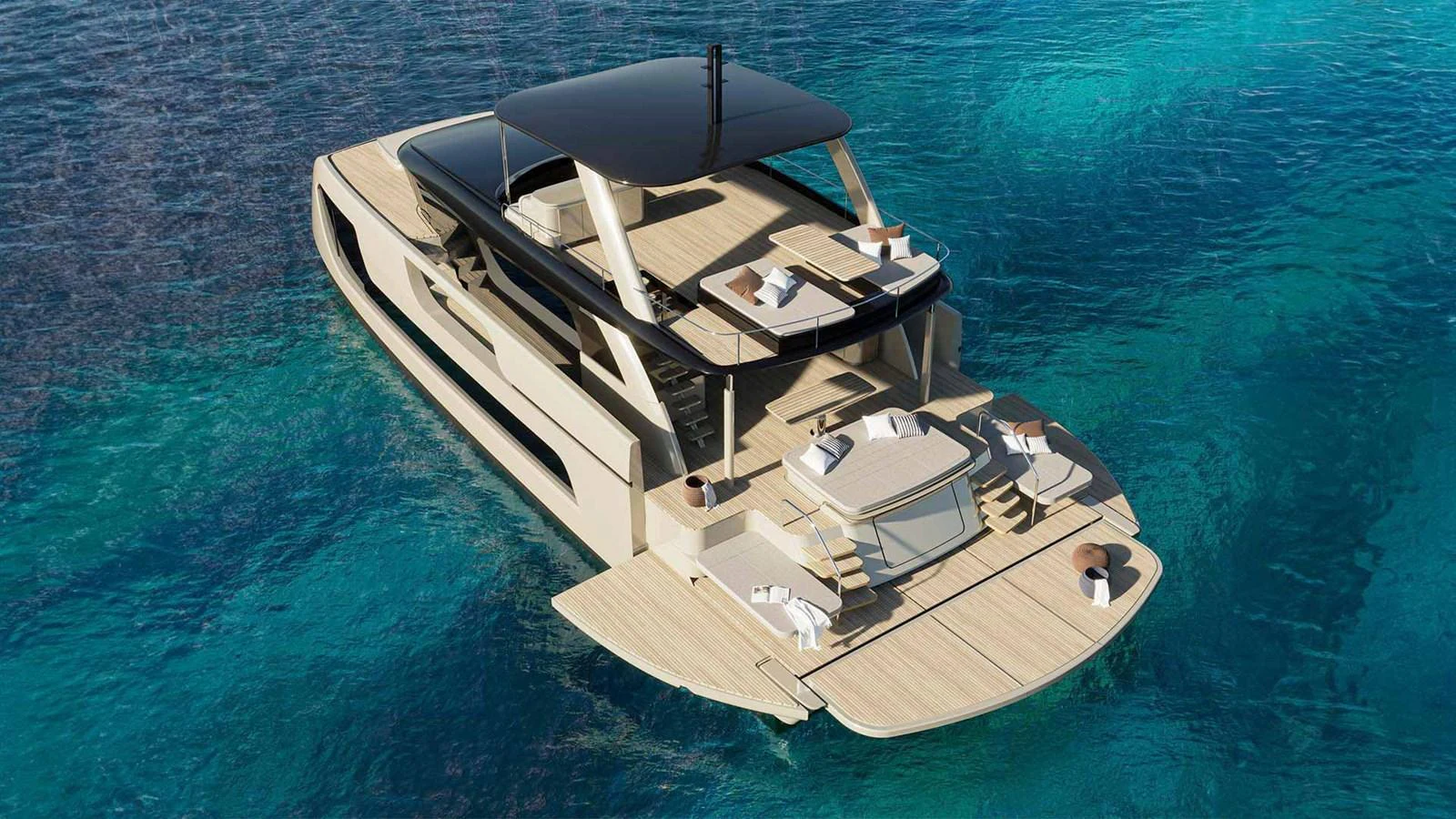 A modern yacht with spacious outdoor lounging areas on clear blue waters. aboard ULTIMA 66 Yacht for Sale
