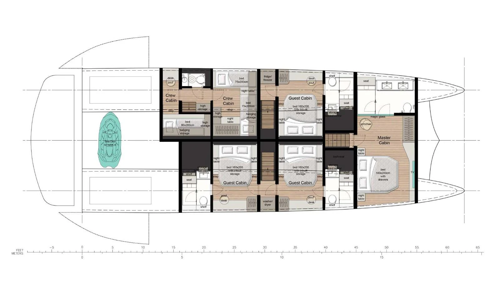 This is a detailed floor plan of a yacht, showcasing the layout of various cabins and amenities. aboard ULTIMA 66 Yacht for Sale