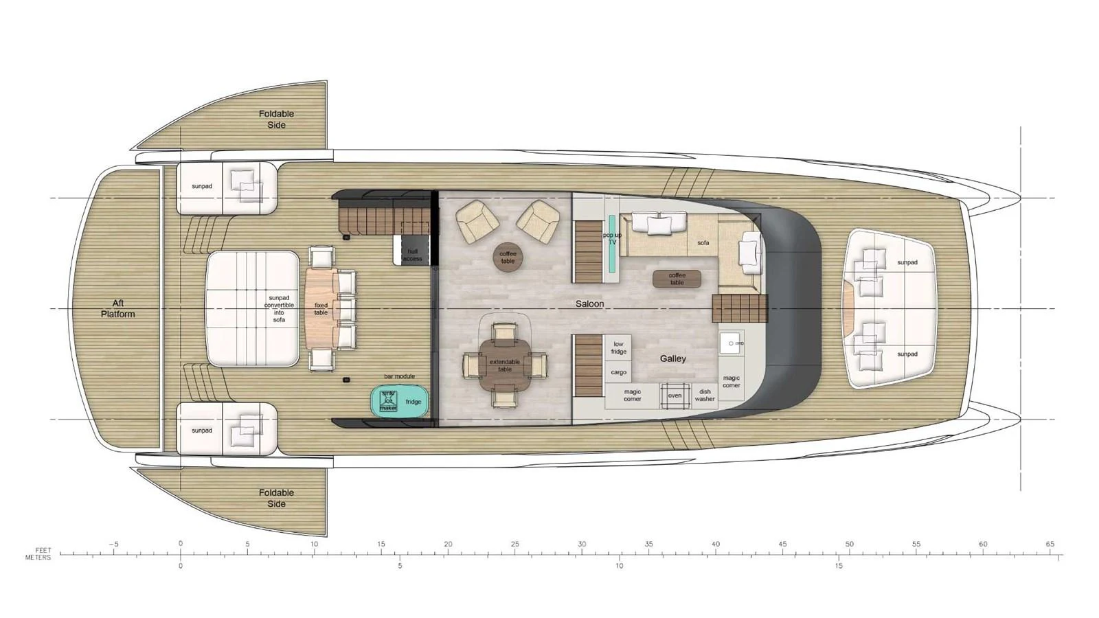 This image showcases the detailed deck plan of a yacht, highlighting various living and functional areas. aboard ULTIMA 66 Yacht for Sale