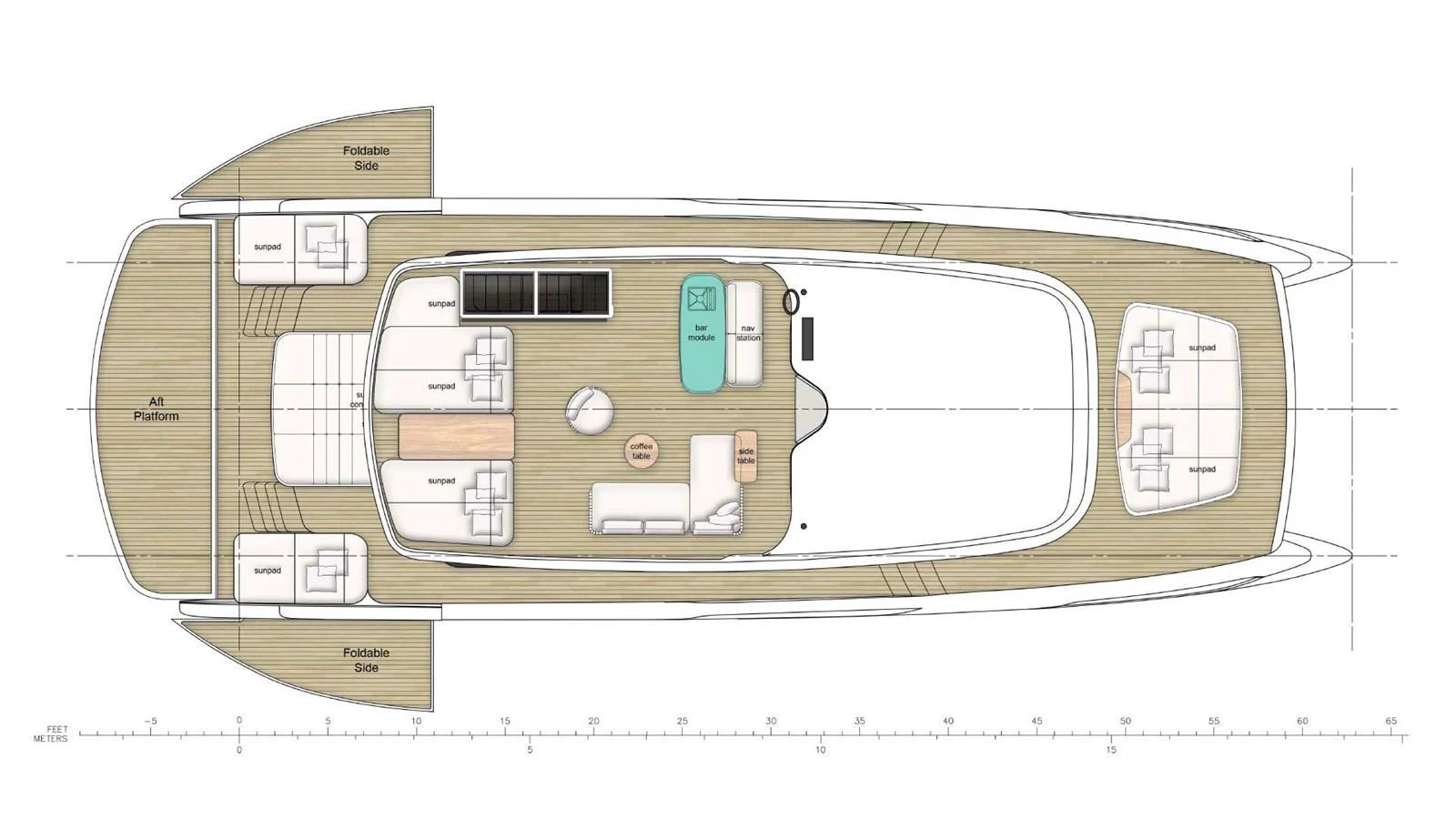 This image showcases the detailed deck plan of a luxurious yacht, highlighting its spacious layout and amenities. aboard ULTIMA 66 Yacht for Sale