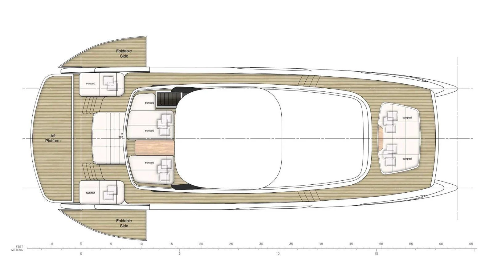 This is a detailed deck plan of a yacht showcasing the layout and design. aboard ULTIMA 66 Yacht for Sale