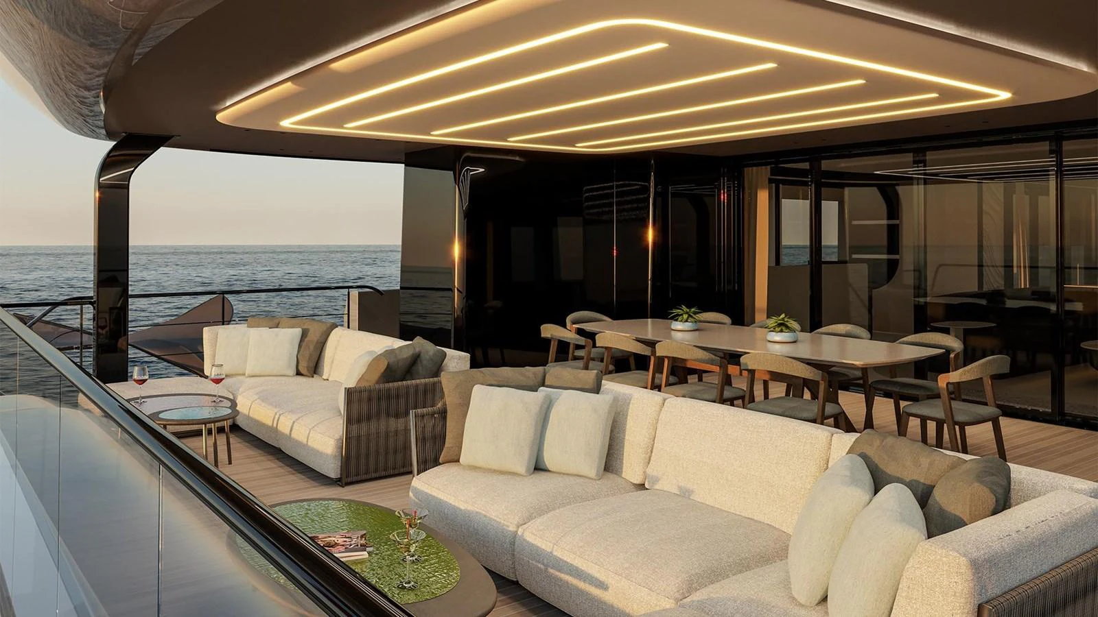 The aft deck features luxurious seating and dining areas with modern lighting and ocean views. aboard ULTIMA 111 Yacht for Sale