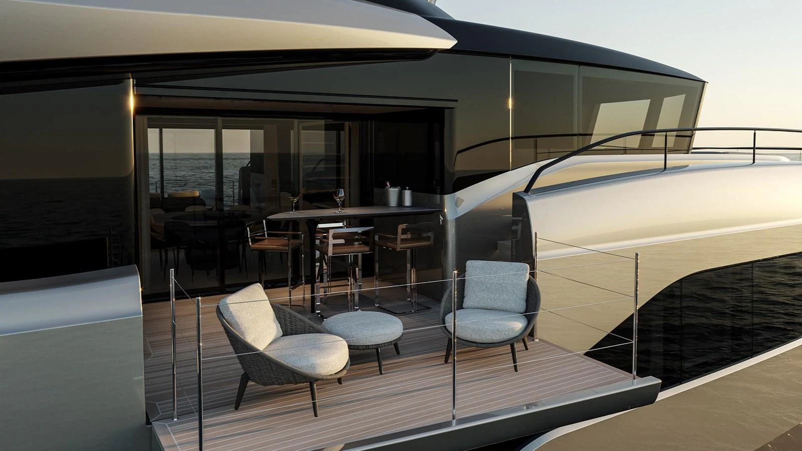 The aft deck features stylish outdoor seating and a dining area with a view of the sea. aboard ULTIMA 111 Yacht for Sale