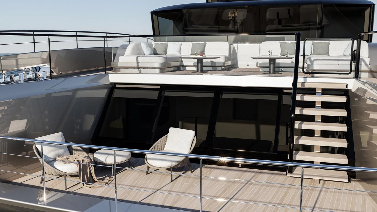 The yacht's aft deck features luxurious seating and a staircase leading to an upper lounge area. aboard ULTIMA 111 Yacht for Sale