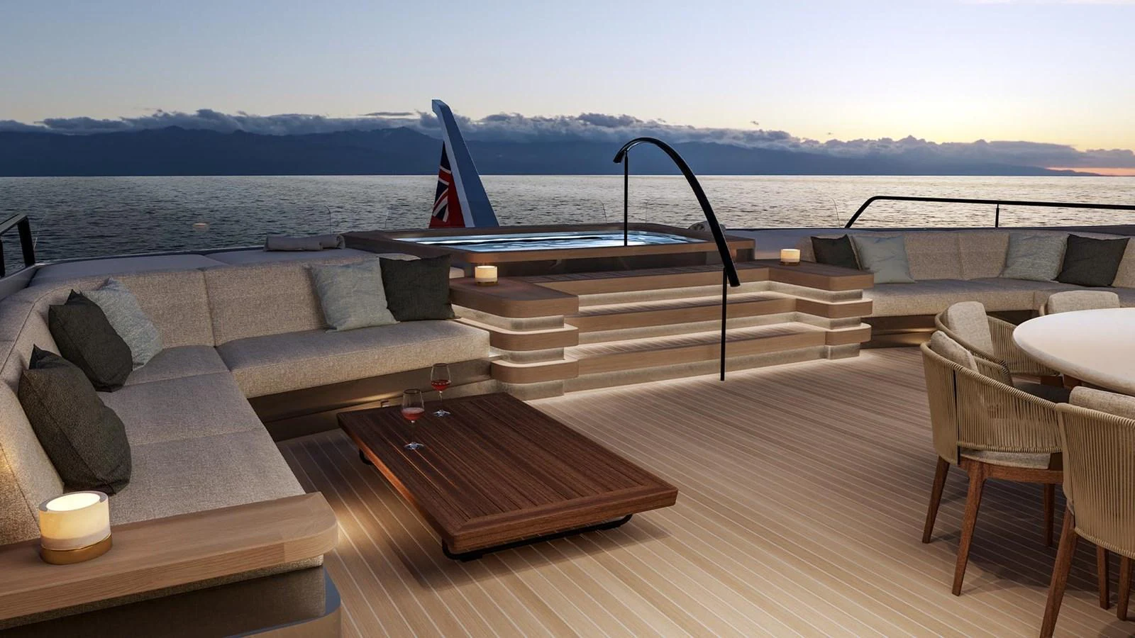 The aft deck features a luxurious seating area with a hot tub, perfect for relaxation while enjoying the ocean view. aboard ULTIMA 111 Yacht for Sale