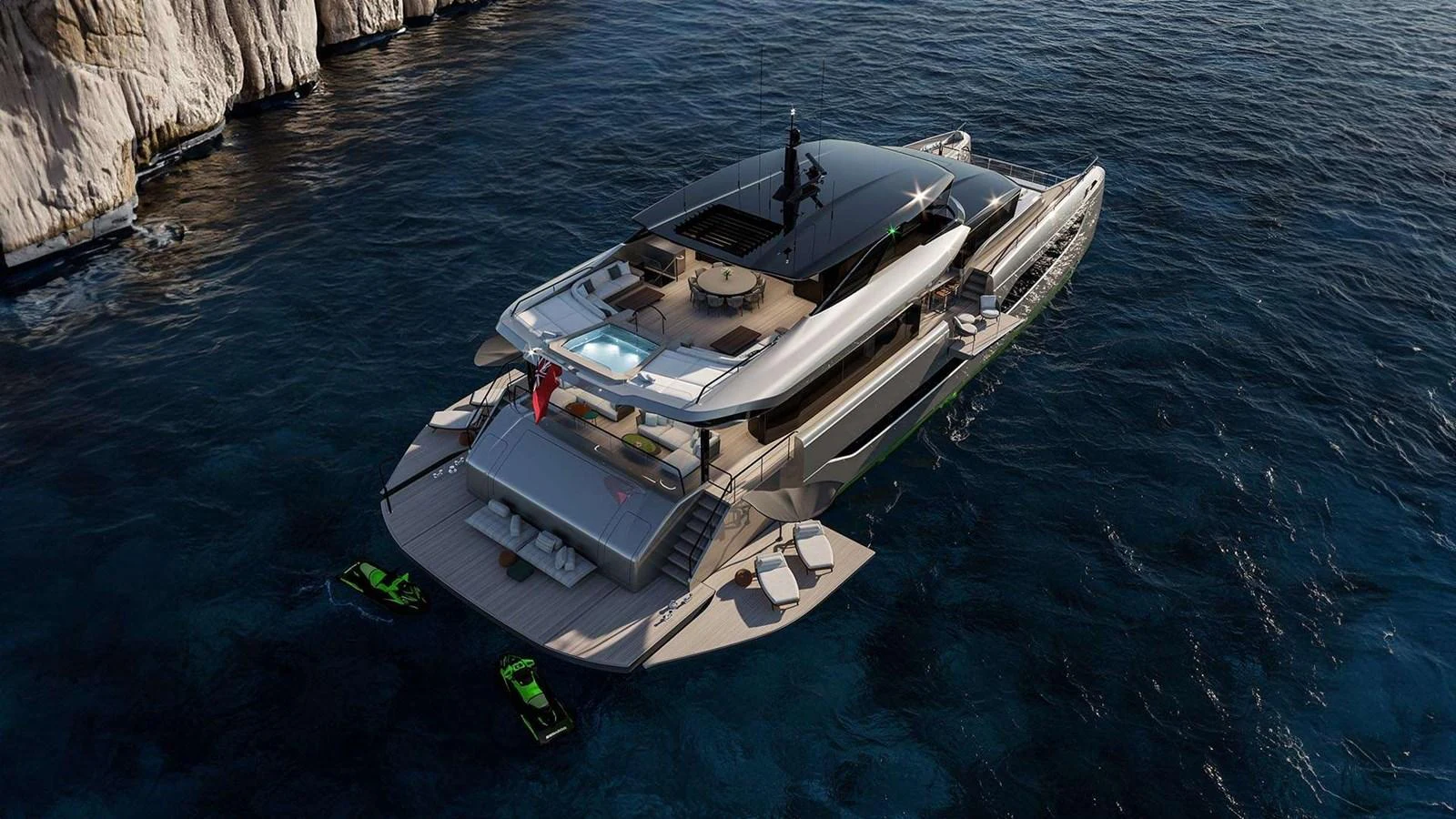A luxurious yacht anchored near a rocky coastline, showcasing its expansive aft deck with a pool and lounging areas. aboard ULTIMA 111 Yacht for Sale