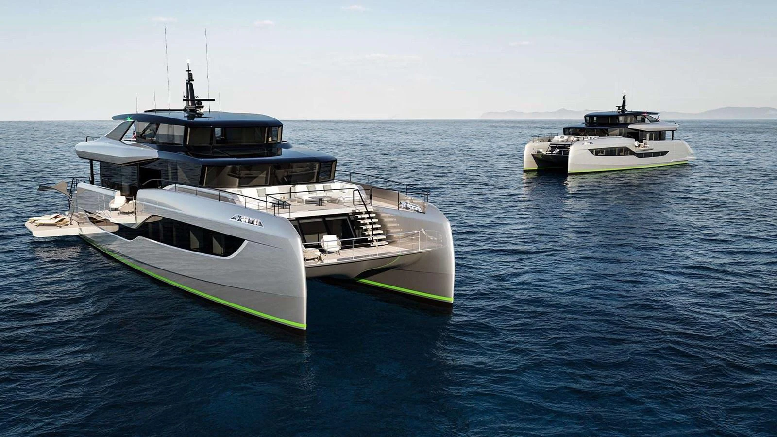 Two sleek, modern yachts cruise on calm waters, showcasing their elegant design and spacious decks. aboard ULTIMA 111 Yacht for Sale