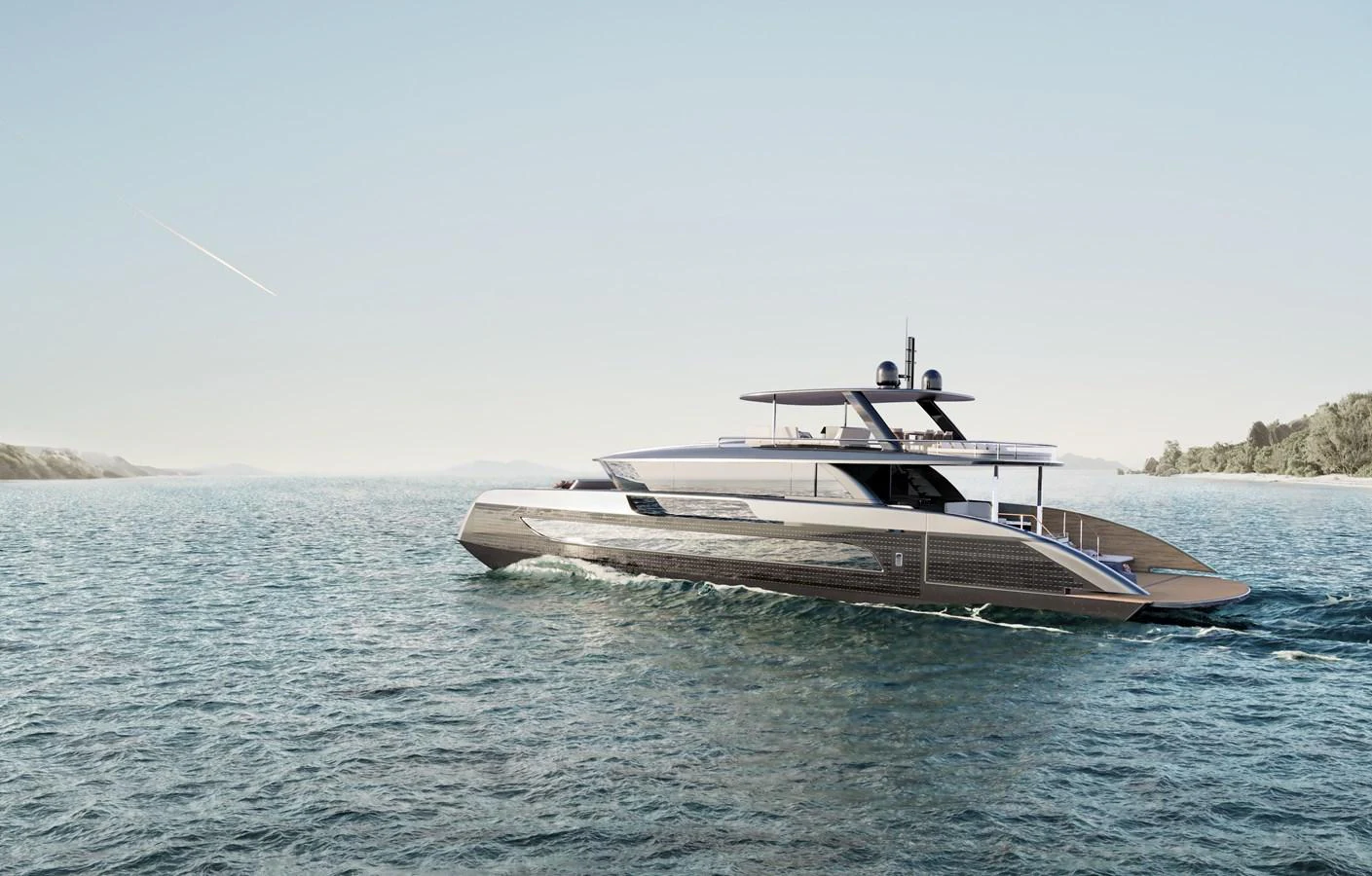 A sleek and modern yacht cruises gracefully on calm waters under a clear sky. aboard ULTIMA 88 Yacht for Sale