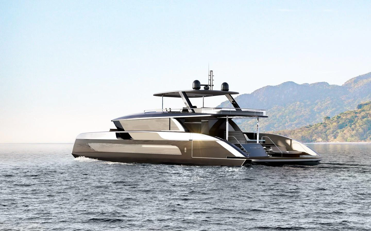 A sleek and modern yacht glides gracefully on calm waters with a scenic backdrop. aboard ULTIMA 88 Yacht for Sale