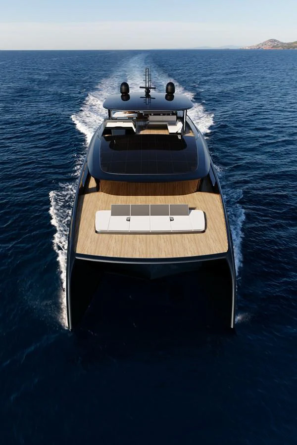 A sleek, modern yacht cruises through the open water, showcasing its elegant design and spacious deck. aboard ULTIMA 88 Yacht for Sale