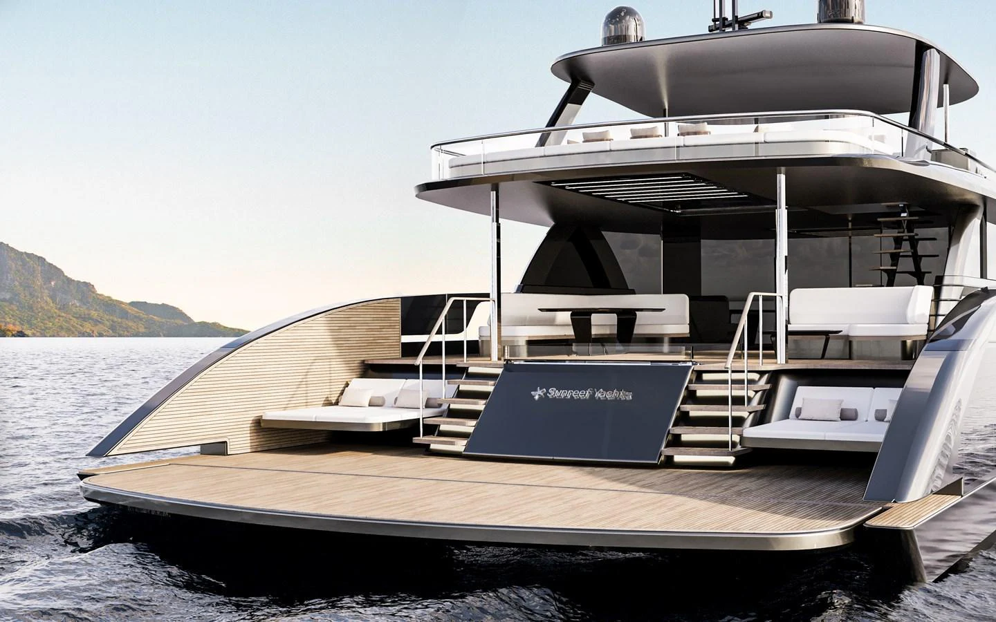 The yacht's aft deck features a spacious and elegant lounging area with modern design elements. aboard ULTIMA 88 Yacht for Sale