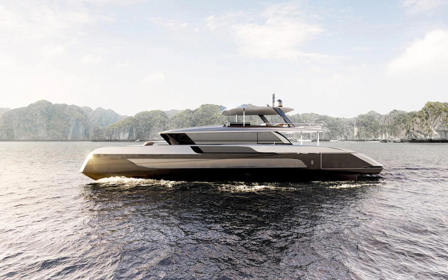 A sleek and modern yacht cruises gracefully on calm waters with a scenic backdrop. aboard ULTIMA 88 Yacht for Sale