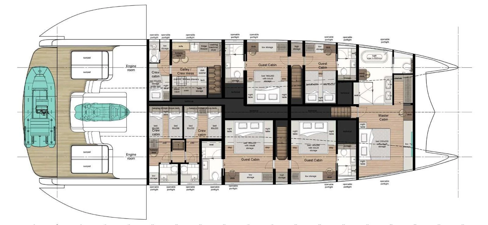This image showcases the detailed deck plan of a luxury yacht, highlighting various cabins and amenities. aboard ULTIMA 88 Yacht for Sale