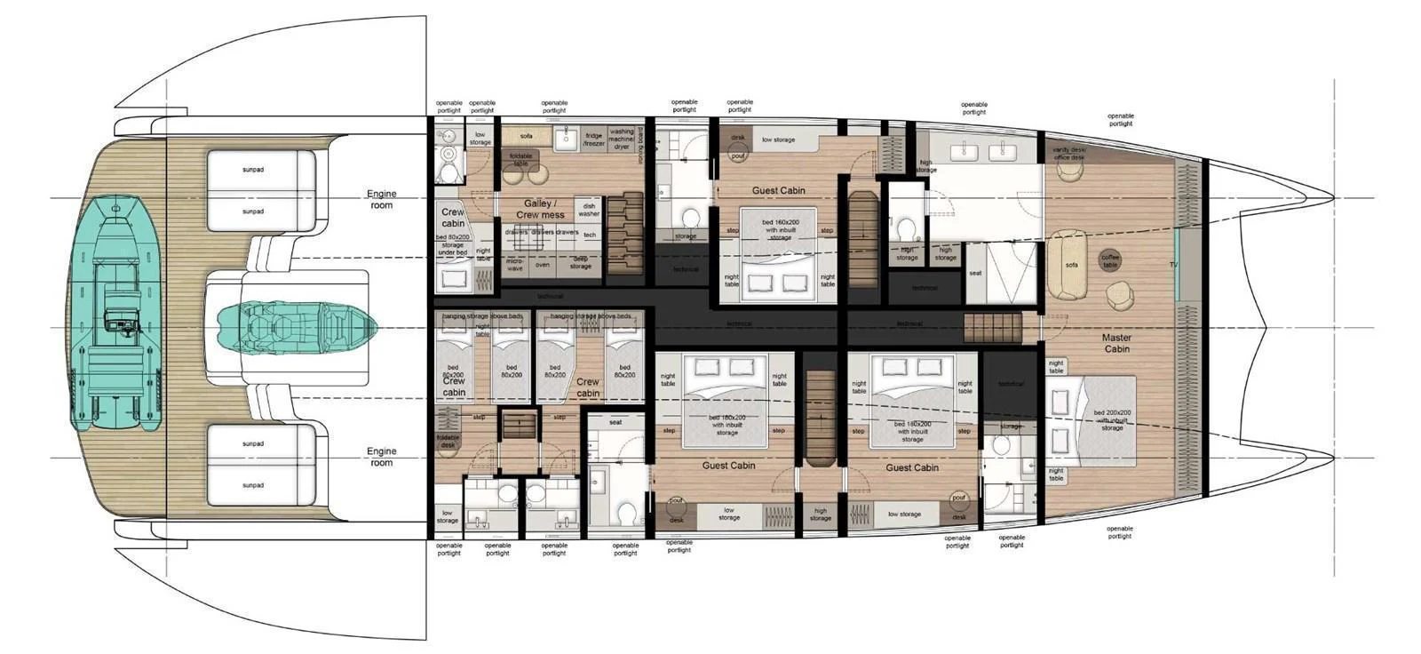This image showcases the detailed deck plan of a luxury yacht, highlighting various cabins and amenities. aboard ULTIMA 88 Yacht for Sale