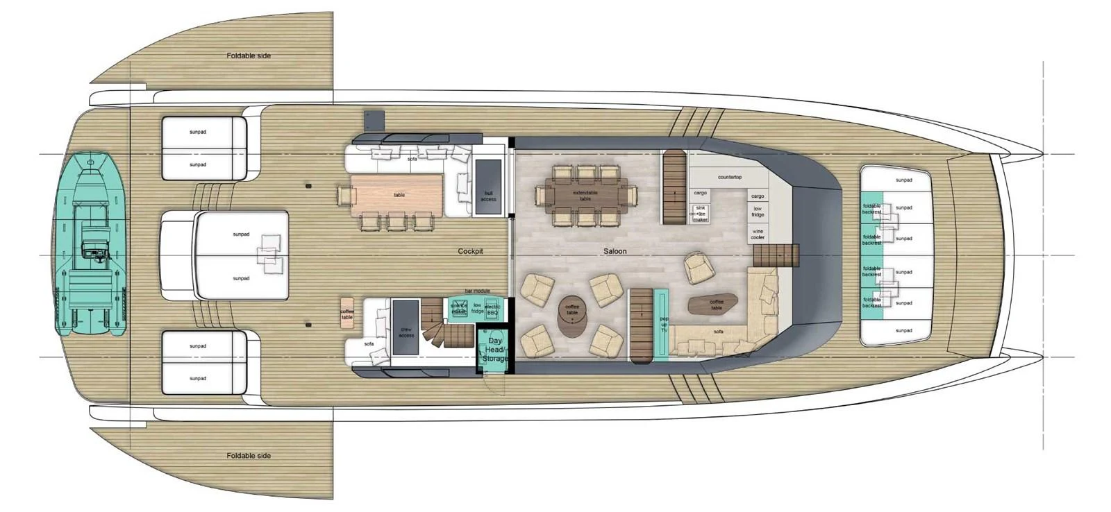 This image showcases the detailed layout plan of a luxurious yacht's interior spaces. aboard ULTIMA 88 Yacht for Sale