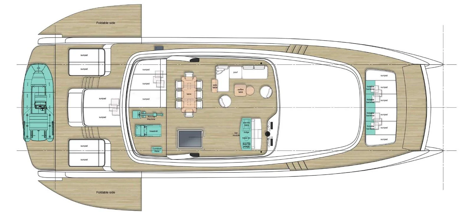 This image showcases the detailed deck plan of a luxury yacht, highlighting its layout and amenities. aboard ULTIMA 88 Yacht for Sale