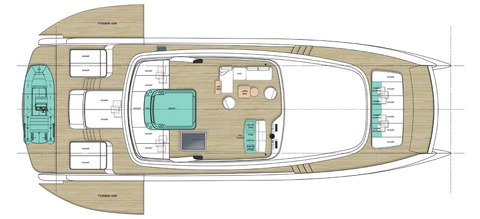 This image showcases the detailed deck plan of a yacht, highlighting various areas and amenities. aboard ULTIMA 88 Yacht for Sale