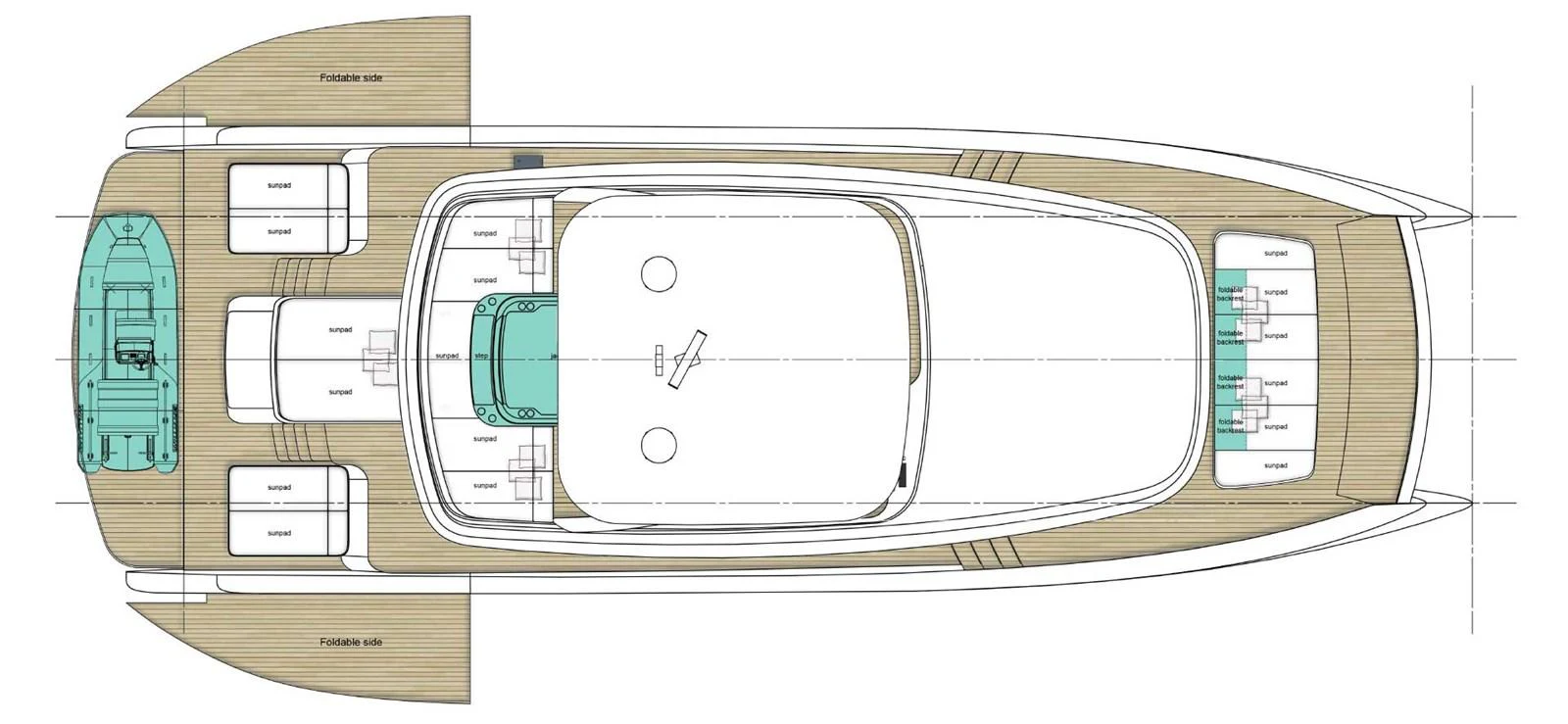 This image showcases a detailed deck plan of the yacht, highlighting various sections and amenities. aboard ULTIMA 88 Yacht for Sale