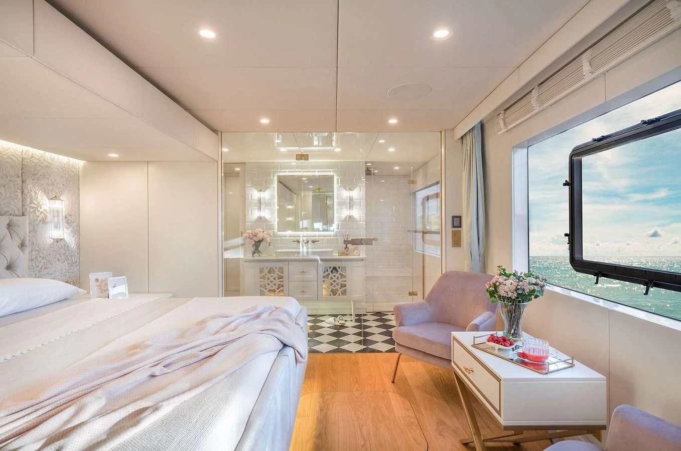 The master stateroom offers a luxurious and spacious retreat with elegant decor and stunning views. aboard 100 SUNREEF POWER NEXT Yacht for Sale