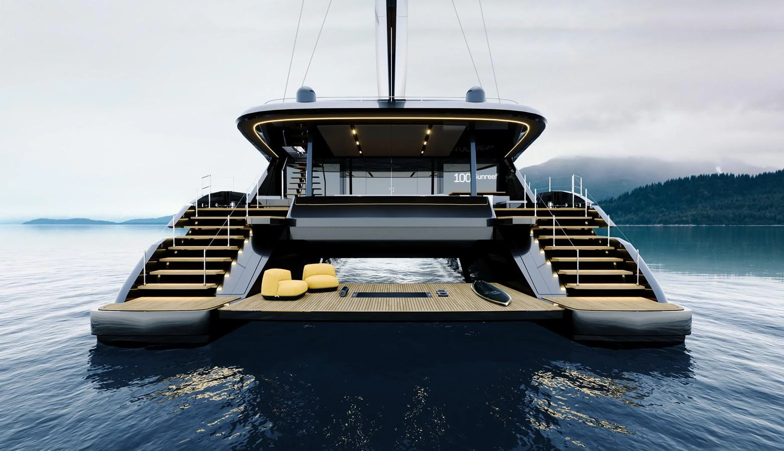 The yacht's aft deck features an inviting lounging area with steps leading down to the water, perfect for relaxation and easy access to the sea. aboard SUNREEF 100 NEXT Yacht for Sale