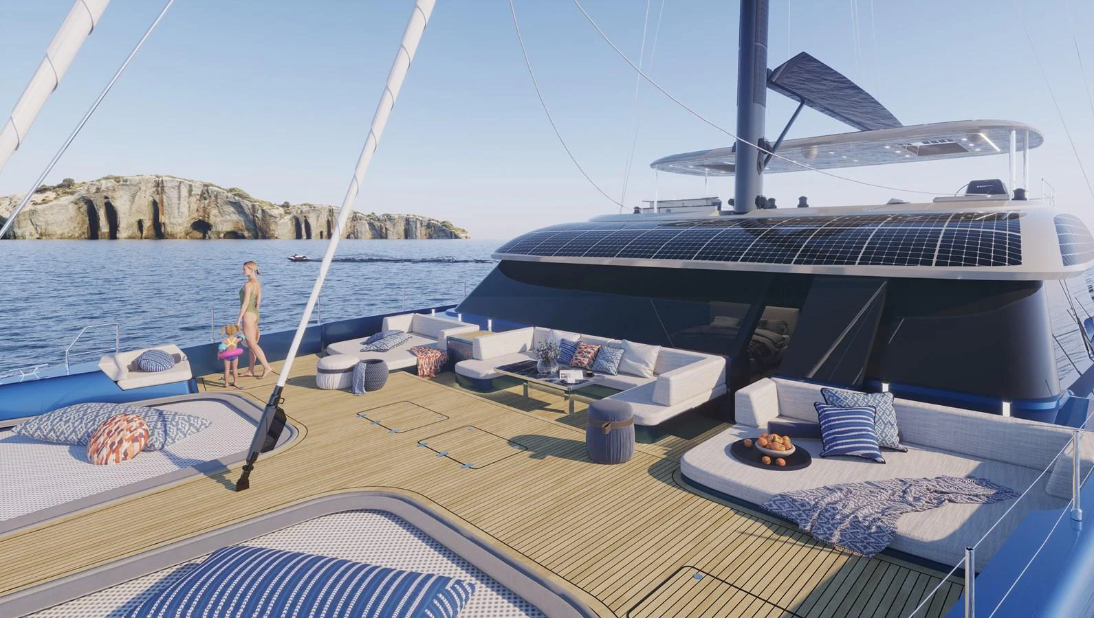 The sundeck offers luxurious lounging areas with panoramic ocean views. aboard SUNREEF 100 NEXT Yacht for Sale