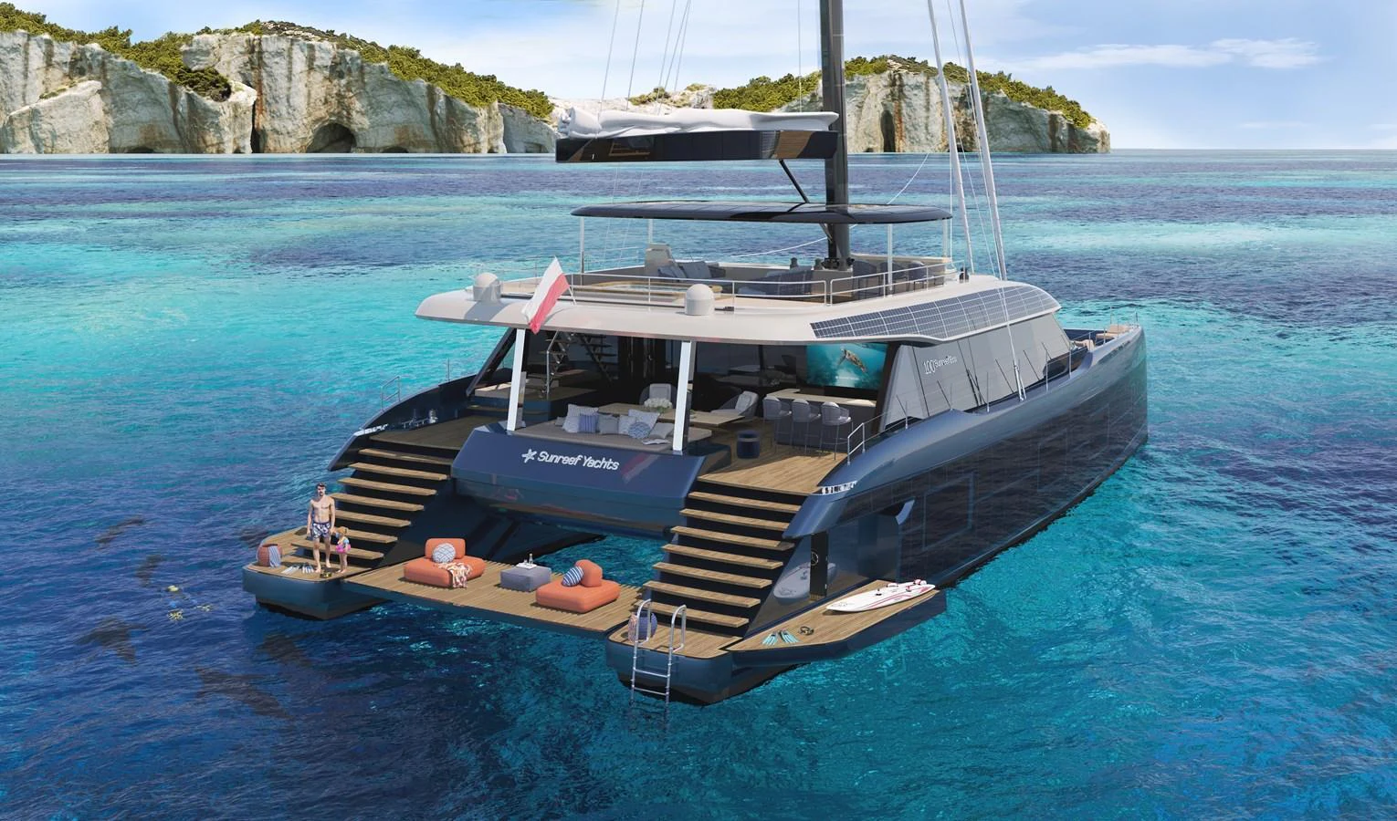 The yacht's aft deck offers a luxurious space for relaxation and sunbathing, with stunning views of the surrounding clear blue waters and cliffs. aboard SUNREEF 100 NEXT Yacht for Sale
