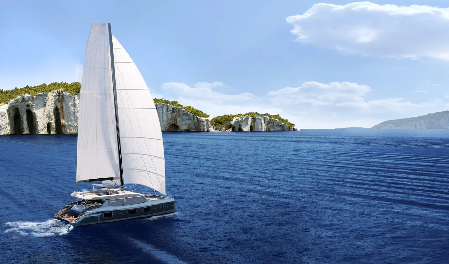 A sleek sailing yacht glides gracefully across a serene blue sea with picturesque cliffs in the background. aboard SUNREEF 100 NEXT Yacht for Sale
