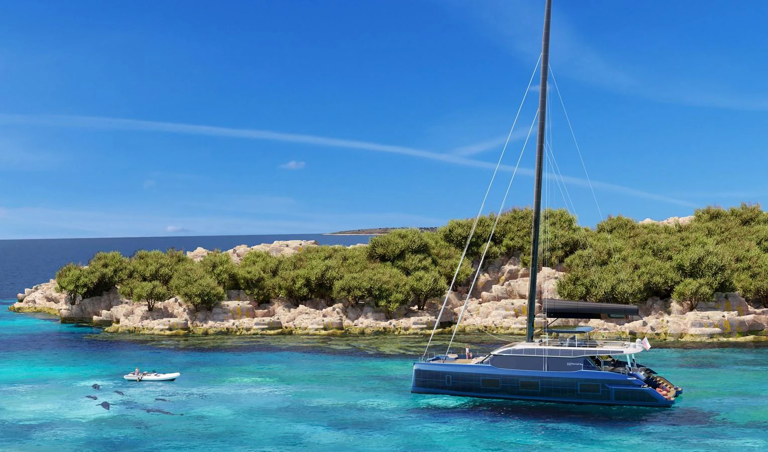 A sleek yacht is anchored in crystal-clear turquoise waters near a lush, rocky shoreline. aboard SUNREEF 100 NEXT Yacht for Sale